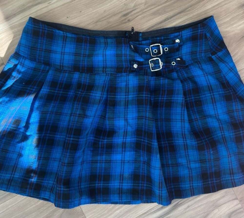 Vintage Lip Service Blue and Black Plaid Buckle Mini Skirt